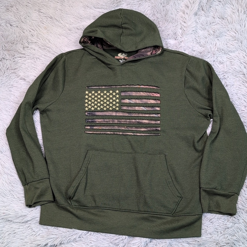 Mossy Oak Sweatshirt Mens L Green Hoodie American Flag Pocket Outdoors Hunting